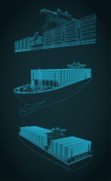 Cargo container ship technical drawing blueprint vector set