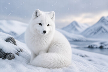Fototapeta premium Arctic fox sitting on snowy tundra near distant mountains