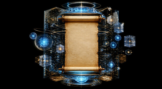 Ancient parchment scroll framed by glowing futuristic blue and gold holographic cubes and spheres, mystical tech fusion conveying discovery