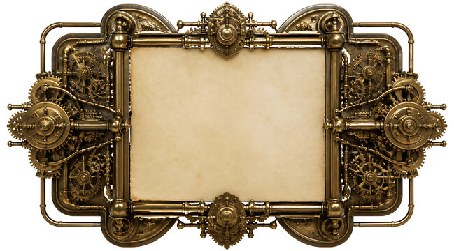 Ornate brass steampunk frame with blank parchment center evoking vintage mechanical fantasy and intricate gearwork