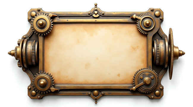 Ornate blank parchment mounted on elaborate brass steampunk frame with gears and knobs, vintage mechanical design, warm patina