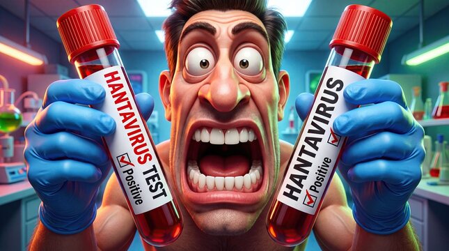 Hantavirus Scare: A man's face contorted in horror and shock holds up two test tubes labeled HANTAVIRUS TEST and HANTAVIRUS POSITIVE, showcasing a moment of medical dread and panic.