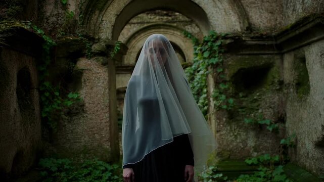 Mysterious figure in veil walks through ancient overgrown archway