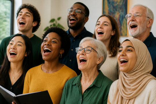 Diverse group singing together in indoor choir practice room