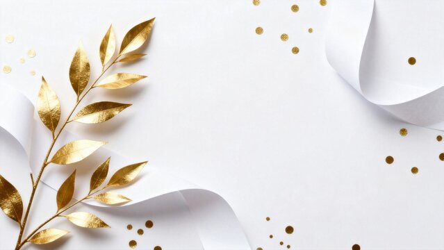 Golden leaf branch on white paper