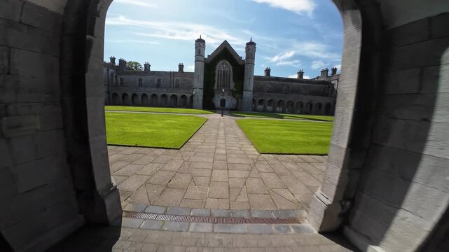 The University of Galway, quadrangle at cloudy sunset in Ireland, amazing architecture and landmark, medieval building