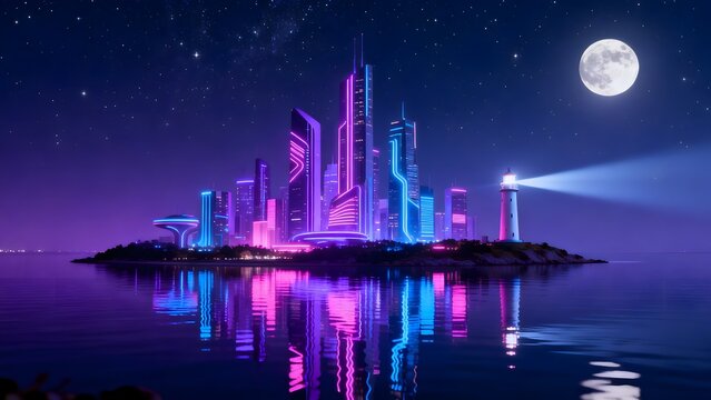 Futuristic cityscape with lighthouse