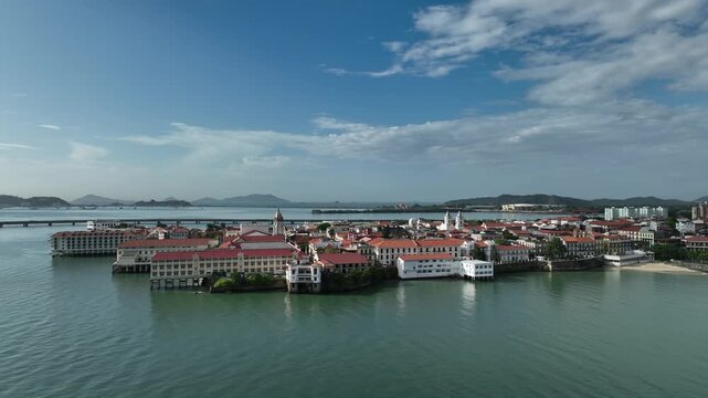 Aerial drone footage of Casco Viejo historic district Panama