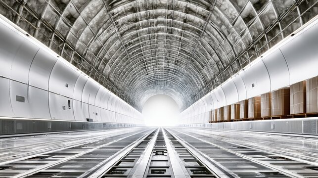 Cargo transport aircraft fuselage interior with tracks and rollers, preparing for freight logistics, symbolizing global shipping and fast delivery