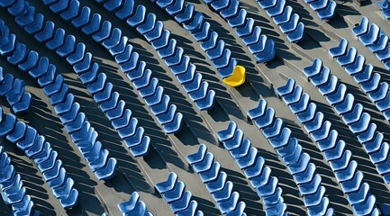 Obraz premium Many blue empty stadium seats are arranged in rows, with one yellow seat standing out