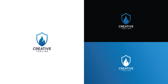 Professional Blue Shield Logo with Flame Symbol for Corporate Branding and Security Services
