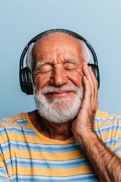 Happy senior man wearing headphones enjoying music with eyes closed, smiling against a blue studio background