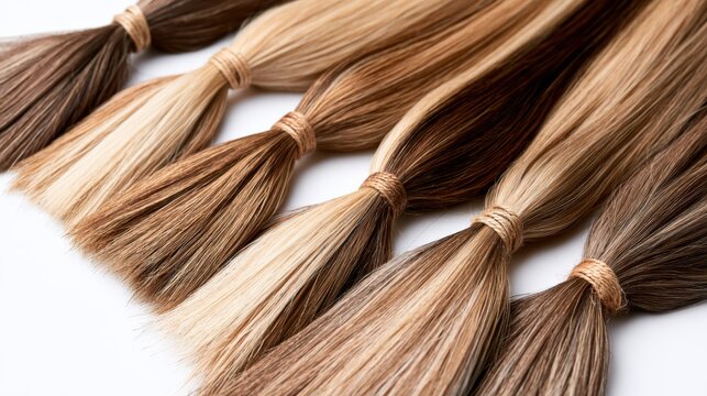 natural human hair bundles in assorted blonde and brown shades for wigs and extensions, tied sample swatches for salons and stylists