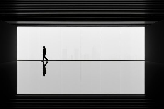 Silhouette of a lone figure walking in a minimalist, monochromatic, reflective hall