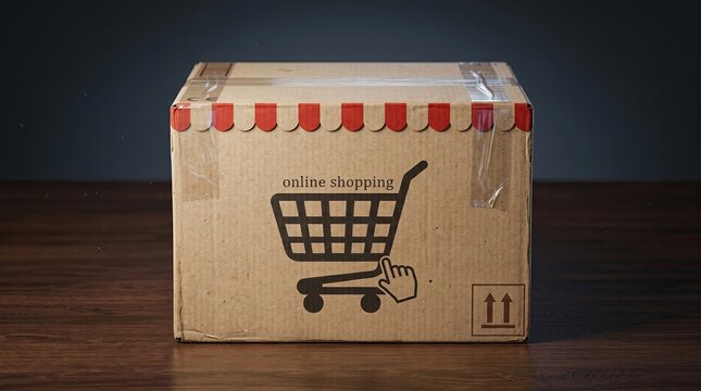 Online Shopping Box: A cardboard box with an illustration of a shopping cart and a hand cursor on it, representing the concept of online shopping and e-commerce, placed on a wooden surface.