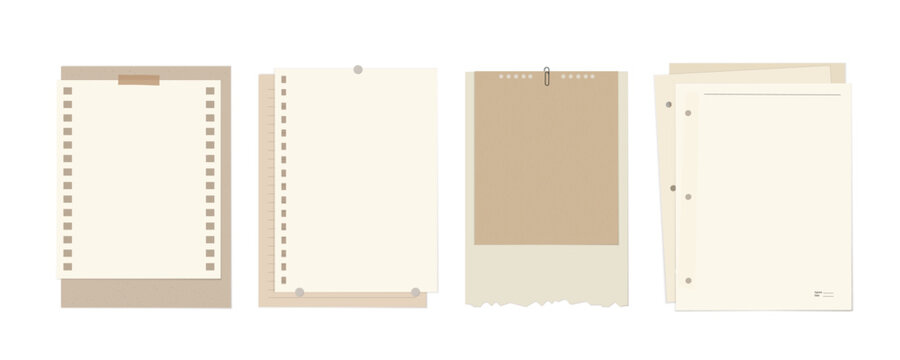 Set of vector illustrations with note paper, sheets with perforations, torn edges, paper clips