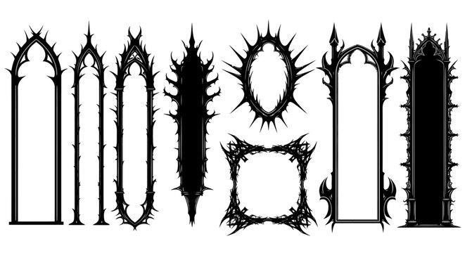 Ornate Gothic Window Frames, Black Silhouettes, Architectural Elements, Vector Borders