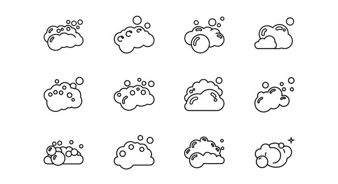 Cute cat face icons, cartoon feline expressions, black line art emoticons, vector set