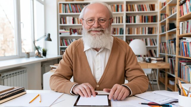 Senior man in home library using tablet with confident smile