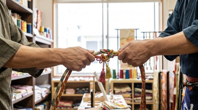Two people holding the ends of a brightly colored, intricately knotted silk kumihimo cord