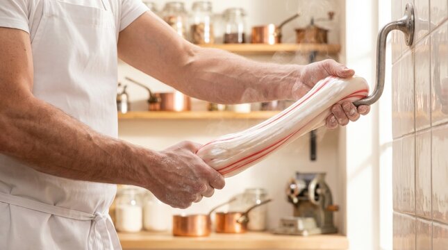 Candy maker stretching and pulling a thick log of red and white striped hot taffy