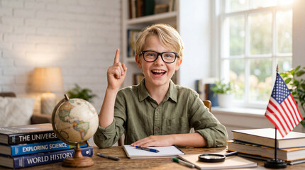Fototapeta premium Young boy smiles and raises finger while studying at home with books and globe nearby