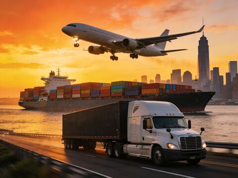 Global logistics network connecting air, sea, and road transport.