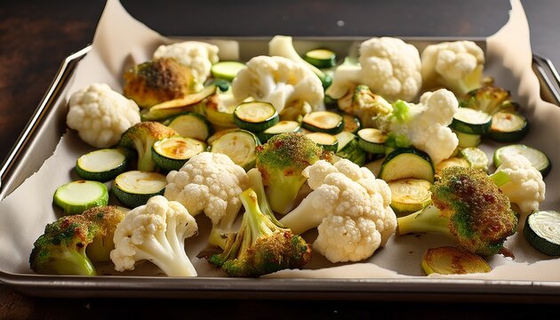 fresh cauliflower and zucchini chopped on a baking sheet ready to be roasted