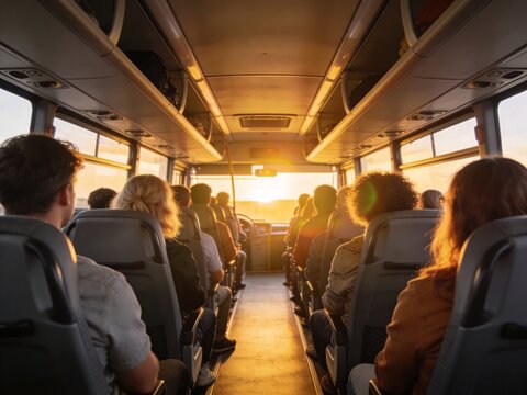 Passengers traveling on a bus during a golden sunset journey.