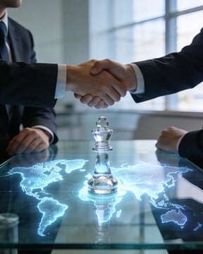 Business handshake symbolizing global partnership and strategic leadership.