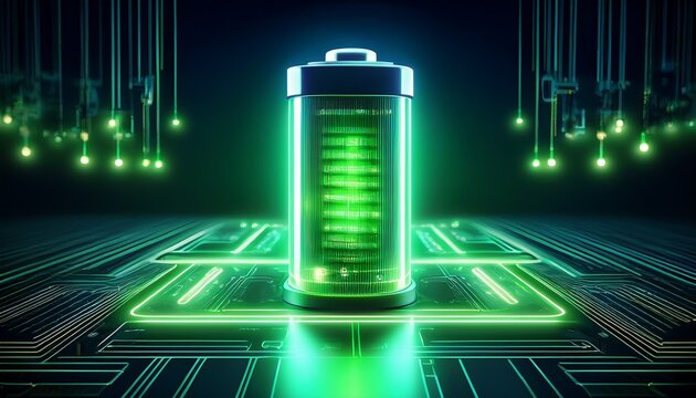 glowing green power neon futuristic energy storage high capacity rechargeable lithium ion battery tech electrical voltage speed charging new technology of module recharge industrial electric vehicle