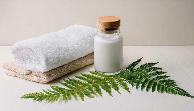 a white towel a glass bottle with a wooden cap a jar of cream and green fern leaves arranged on a light colored background