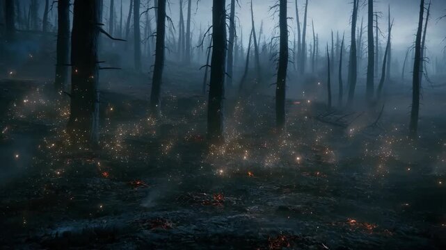 Magical forest fireflies dance in mysterious twilight woods