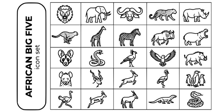 African Big Five Savanna Animals Bold Line Icons-Lion Elephant Cape Buffalo Leopard Rhino Cheetah Giraffe Zebra Wildebeest Hippo-25 African Wildlife Icon Set Vector