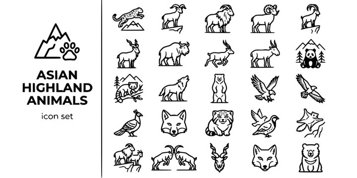 Asian Highland Mountain Animals Bold Line Icons-Snow Leopard Himalayan Bharal Tahr Argali Ibex Markhor Tibetan Antelope Saiga-25 Highland Wildlife Icon Set Vector