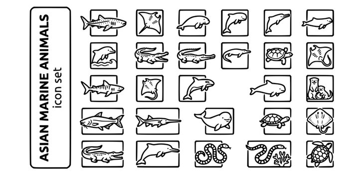 Asian Marine River Animals Bold Line Icons-Whale Shark Manta Ray Dugong Irrawaddy Dolphin Gharial Saltwater Crocodile Otter Porpoise-25 Asian Aquatic Icon Set Vector