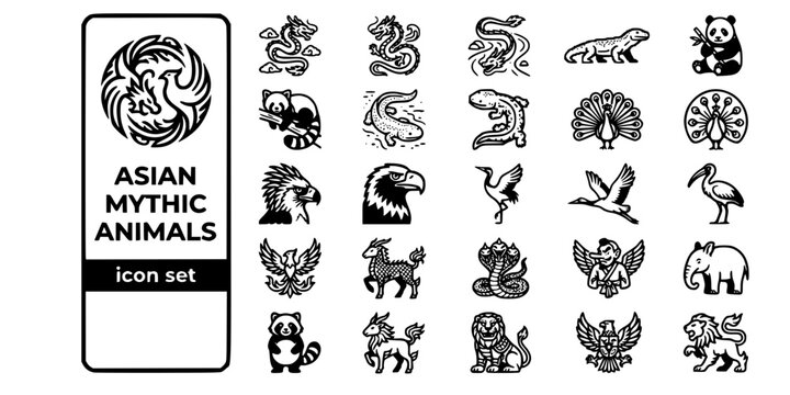 Asian Mythological Extraordinary Animals Bold Line Icons-Chinese Dragon Japanese Dragon Komodo Giant Panda Red Panda Peacock Philippine Eagle-25 Asian Mythic Icon Set Vector