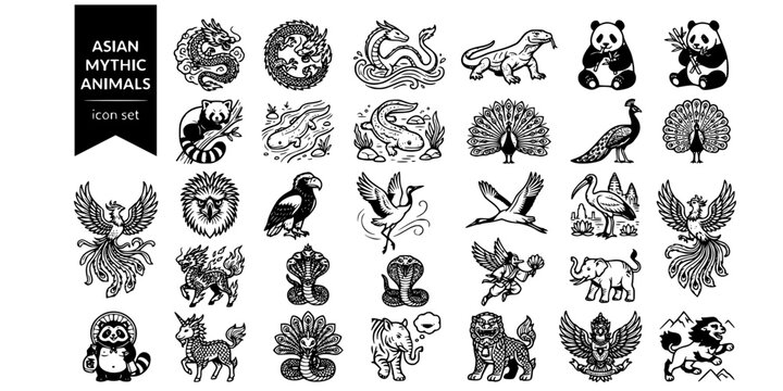Asian Mythological Extraordinary Animals Bold Line Icons-Chinese Dragon Japanese Dragon Komodo Giant Panda Red Panda Peacock Philippine Eagle-25 Asian Mythic Icon Set Vector