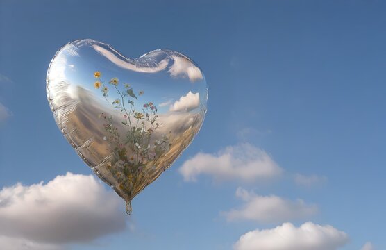 A delicate silver heart-shaped balloon with a basket floats across a snowy desert. A romantic interpretation of love and trave