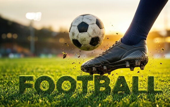 Football Kick-off: A close-up shot captures the dynamic moment of a football being kicked on a vibrant green grass field, with the word FOOTBALL stylized in moss on the grass.