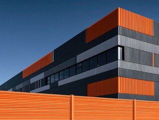 Fototapeta premium Modern angular building with corrugated orange and gray panels under blue sky