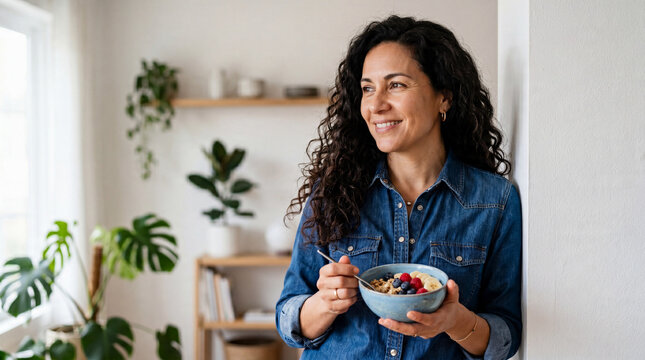 Smiling woman enjoys a bowl of breakfast in a cozy kitchen during morning hours surrounded by plants