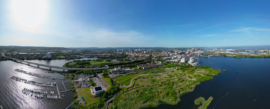 180&deg; Aerial Drone Panorama Over Cardiff Bay Link Road, Hamadryad Park, Cardiff Bay Wetlands Reserve, Cardiff Yacht Club and Port, Cardiff City, Wales, United Kingdom
