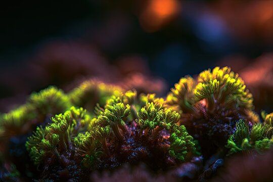 Tiny coral polyps glowing with vibrant neon green and yellow hues