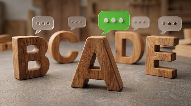 Wooden Alphabet Blocks with Speech Bubbles: Wooden letter blocks spelling out ABCDE are arranged on a surface, with speech bubbles appearing above them, suggesting communication and feedback.