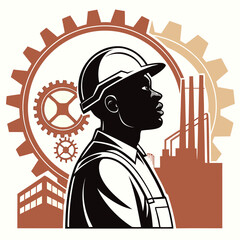 Profile portrait of an industrial worker in a hard hat against a backdrop of gears and factory silhouette with engineer © Master