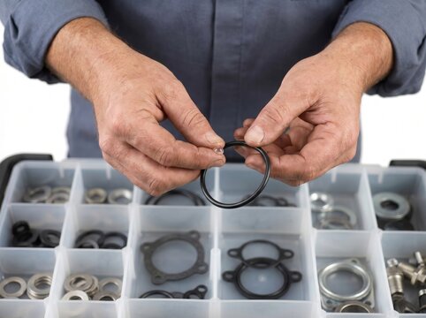 Mechanic holding a small rubber O-ring above a plastic organizer box full of gaskets