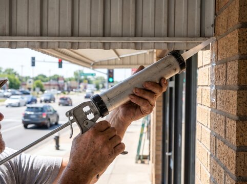 Construction worker using a caulk gun to apply clear sealant along a brick wall joint