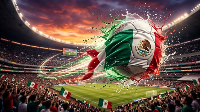 Mexican soccer ball bursting through flag in stadium spectacle