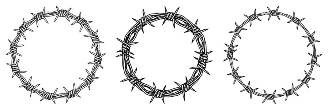 Barbed wire circle frames and round borders set, hand drawn sketch for security boundary and restriction concept